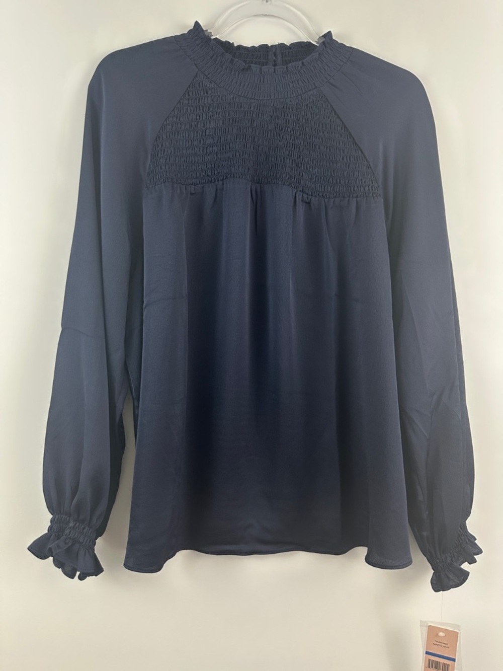 NWT Nanette Lepore Navy Smocked Yoke Long Sleeve Blouse XL Boho Peasant Top